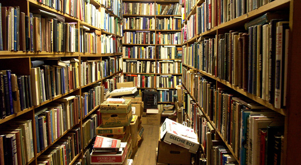 Shelves of books in a store.
